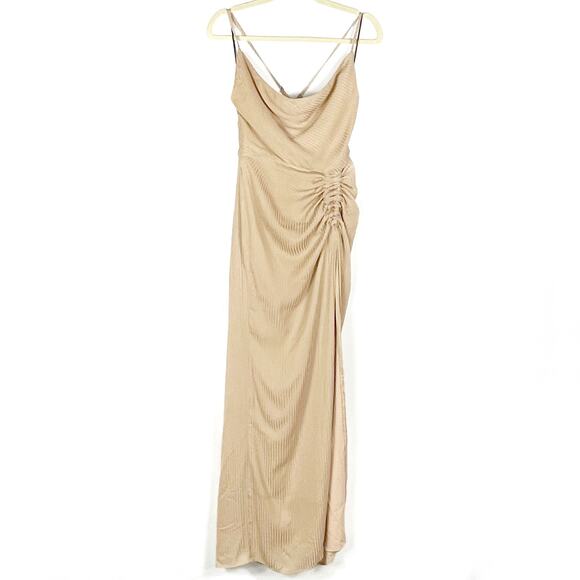 NBD Davis Gown Nude Beige Maxi Dress Ruched Side Slit Stripe Drape Sz S - Picture 4 of 12